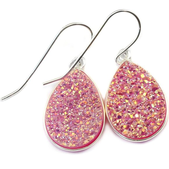 Pink Drusy Teardrop Earrings Sterling Silver - Glitter/Sparkle/Party - Picture 1 of 5